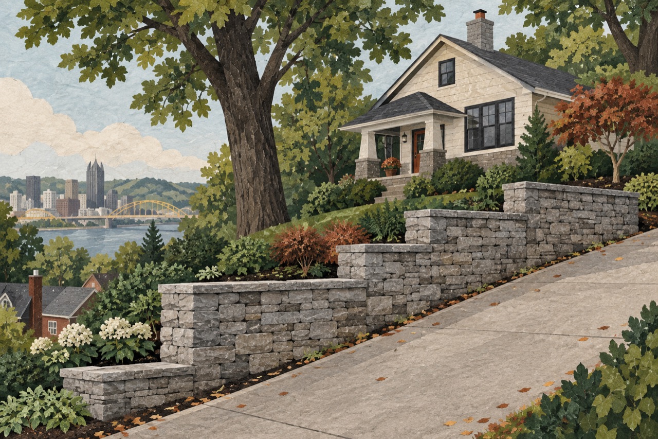 Editorial illustration of a hillside home and a stepped retaining wall